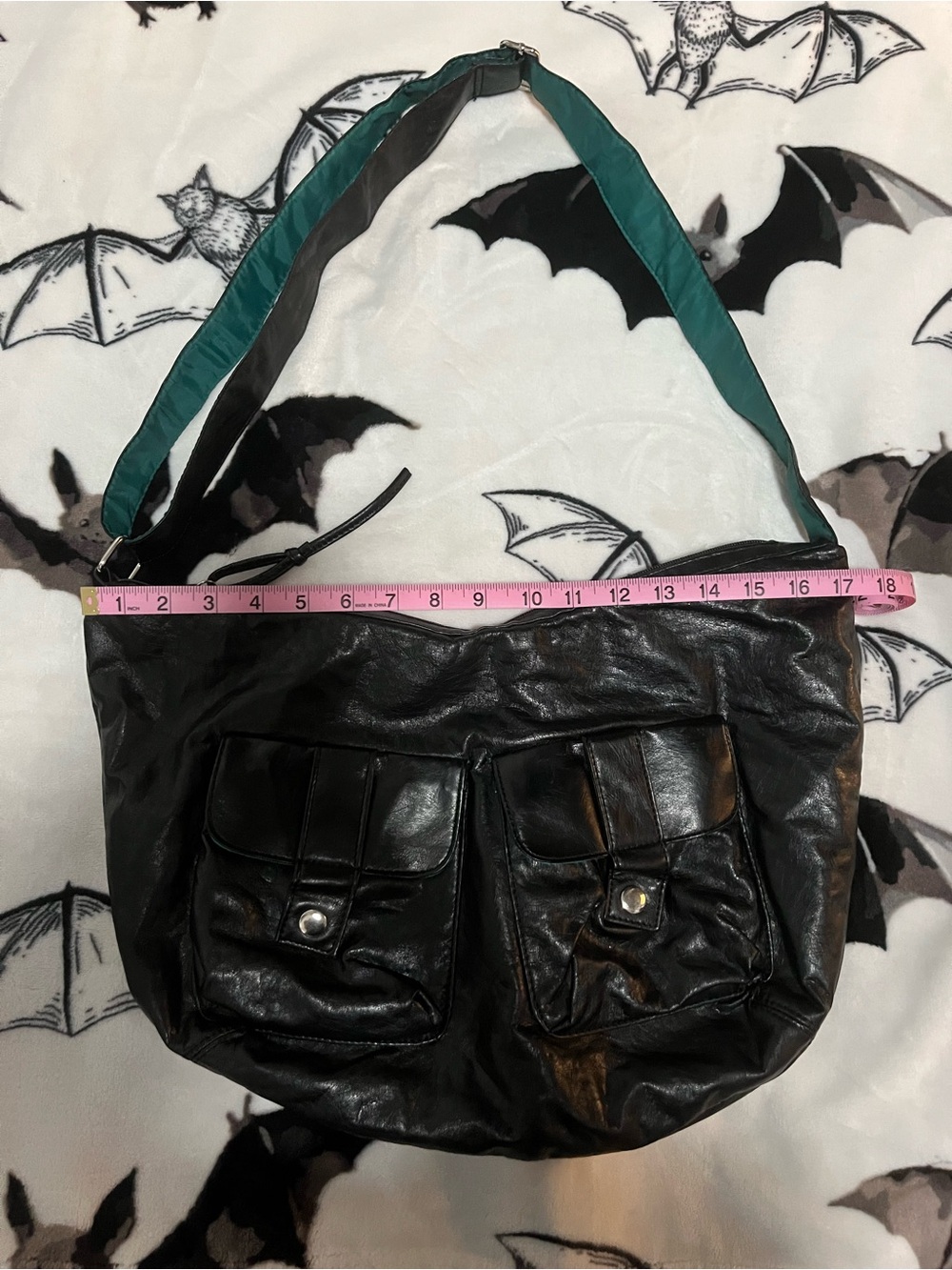 Black Leather Hobo Bag with Teal Strap